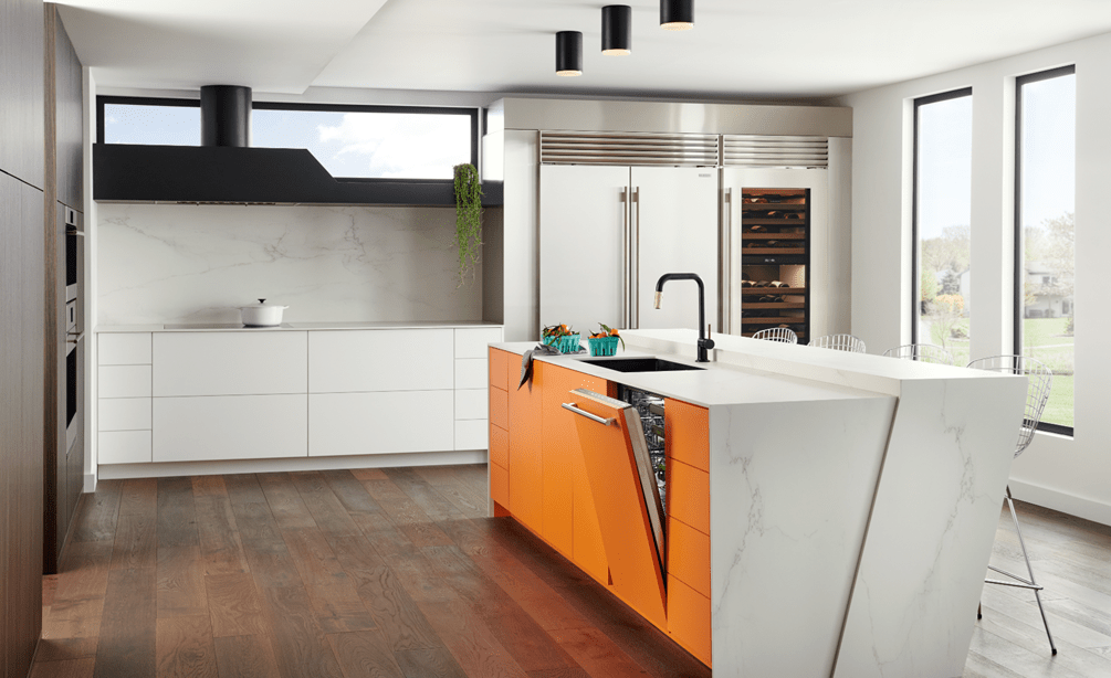 Cove panel ready dishwasher displayed in modern minimalist custom kitchen design featuring Wolf Ovens and Sub-Zero Refrigerators