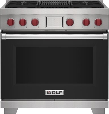 Wolf 36" 4 Burner Dual Fuel Range with Infrared Charbroiler (DF36450C/BK/P) featuring black accent colored door and signature red Wolf knobs.