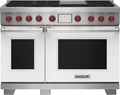 Wolf 48" 6 Burner Dual Fuel Range with Infrared Griddle (DF48650G/WH/P) featuring white accent colored door and signature red Wolf knobs.