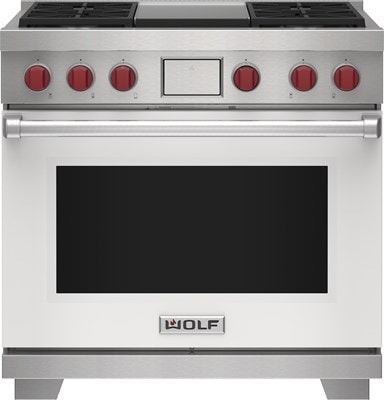 Wolf 36" 4 Burner Dual Fuel Range with Infrared Griddle (DF36450G/WH/P) featuring white accent colored door and signature red Wolf knobs.