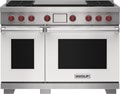 Wolf 48&quot; 4 Burner Dual Fuel Range with Infrared Dual Griddle (DF48450DG/WH/P) featuring white accent colored door and signature red Wolf knobs.