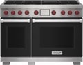 Wolf 48&quot; 6 Burner Dual Fuel Range with Infrared Charbroiler (DF48650C/BK/P) featuring black accent colored door and signature red Wolf knobs.
