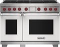 Wolf 48&quot; 6 Burner Dual Fuel Range with Infrared Charbroiler (DF48650C/WH/P) featuring white accent colored door and signature red Wolf knobs.