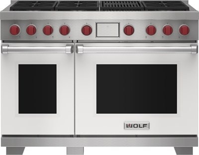 Wolf 48&quot; 6 Burner Dual Fuel Range with Infrared Charbroiler (DF48650C/WH/P) featuring white accent colored door and signature red Wolf knobs.