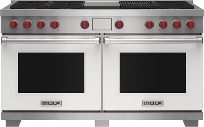 Wolf 60&quot; 6 Burner Dual Fuel Range with Infrared Charbroiler and Griddle (DF60650CG/WH/P) featuring white accent colored door and signature red Wolf knobs.