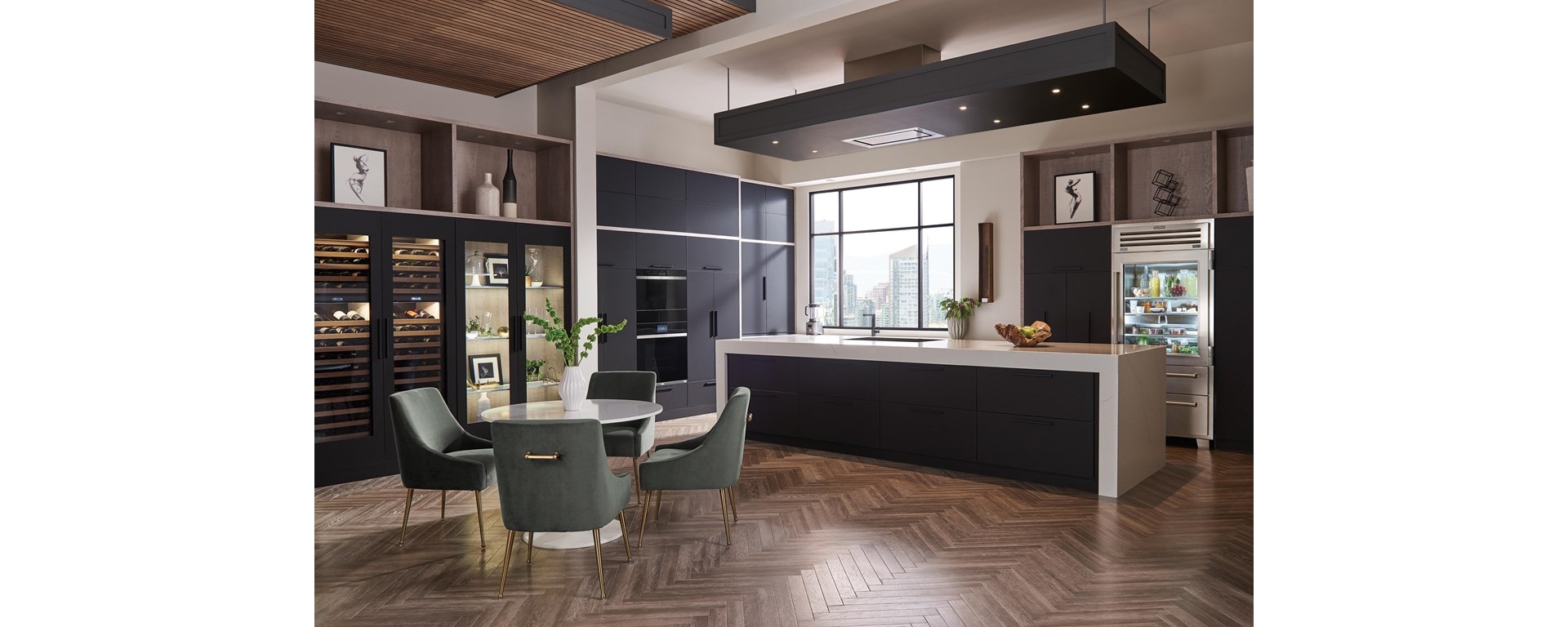 Sophisticated and fashionable custom kitchen design showcasing Sub-Zero see-thru-door refrigerator and Wolf Contemporary Stainless Steel Convection Steam Oven