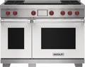 Wolf 48&quot; 4 Burner Dual Fuel Range with French Top (DF48450F/WH/P) featuring white accent colored door and signature red Wolf knobs.