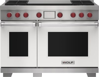 Wolf 48" 4 Burner Dual Fuel Range with Infrared Dual Griddle (DF48450DG/WH/P) featuring white accent colored door and signature red Wolf knobs.