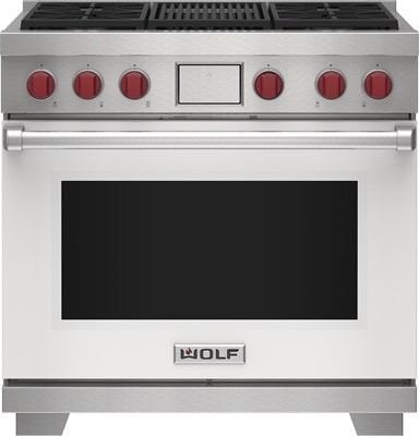 Wolf 36&quot; 4 Burner Dual Fuel Range with Infrared Charbroiler (DF36450C/WH/P) featuring white accent colored door and signature red Wolf knobs.
