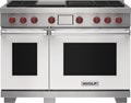Wolf 48" 4 Burner Dual Fuel Range with Infrared Charbroiler and Griddle (DF48450CG/WH/P) featuring white accent colored door and signature red Wolf knobs.