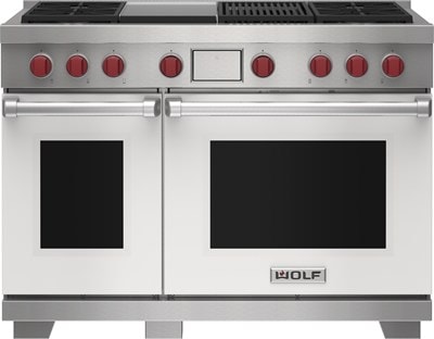 Wolf 48" 4 Burner Dual Fuel Range with Infrared Charbroiler and Griddle (DF48450CG/WH/P) featuring white accent colored door and signature red Wolf knobs.