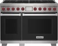 Wolf 48&quot; 8 Burner Dual Fuel Range (DF48850/BK/P) featuring black accent colored door and signature red Wolf knobs.