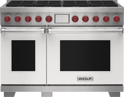 Wolf 48&quot; 8 Burner Dual Fuel Range (DF48850/WH/P) featuring white accent colored door and signature red Wolf knobs.
