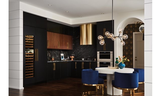 Modern high-rise custom kitchen design featuring Sub-Zero Designer Wine Storage, Wolf Contemporary Speed Oven and Cove Dishwasher