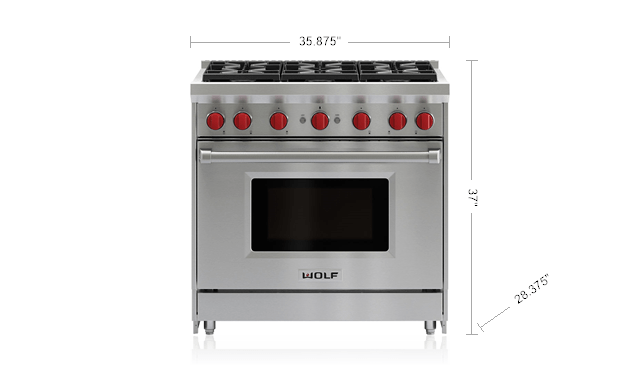 Wolf 36 Inch Pro-Style Gas Range GR366,Dual-Stacked Sealed Burners,5.5 Cu  Ft. Convection Oven,Continuous Grates,Infrared Broiler,Red Control