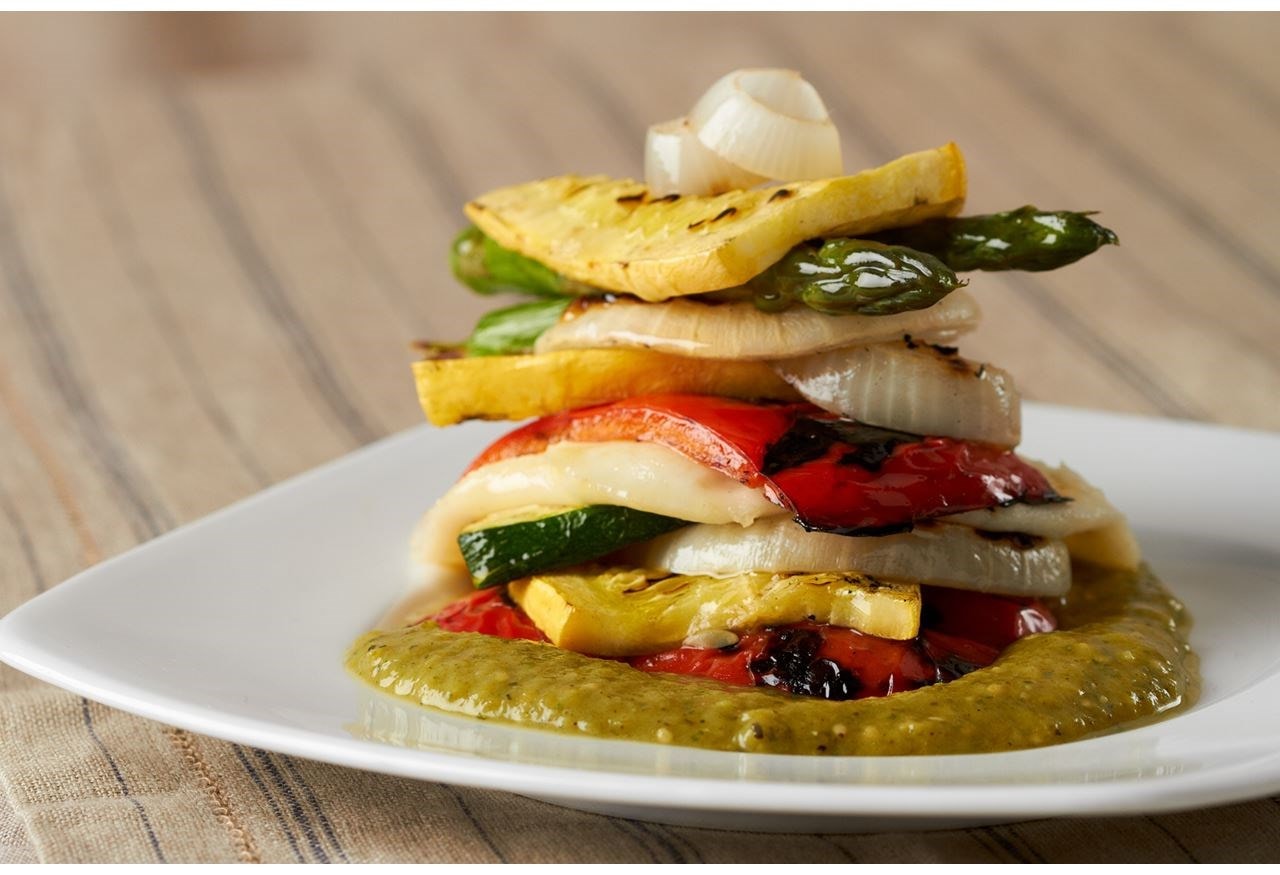 Grilled Vegetable Stack with Oaxaca Cheese and Tomatillo Lime Avocado Sauce