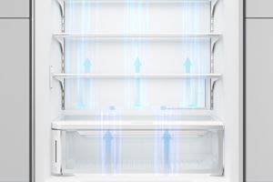 Sub-Zero Classic Series Full Size Refrigerator with arrows displaying the flow of its Split Climate temperature control between its top and bottom compartments
