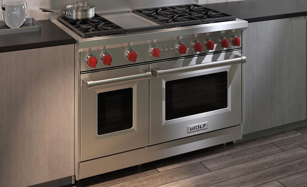 The Wolf 48&quot; Gas Range 6 Burner Infrared Griddle (GR486G) Rangetop with Wolf 48&quot; Pro Wall Hood - 24&quot; Depth (PW482418)