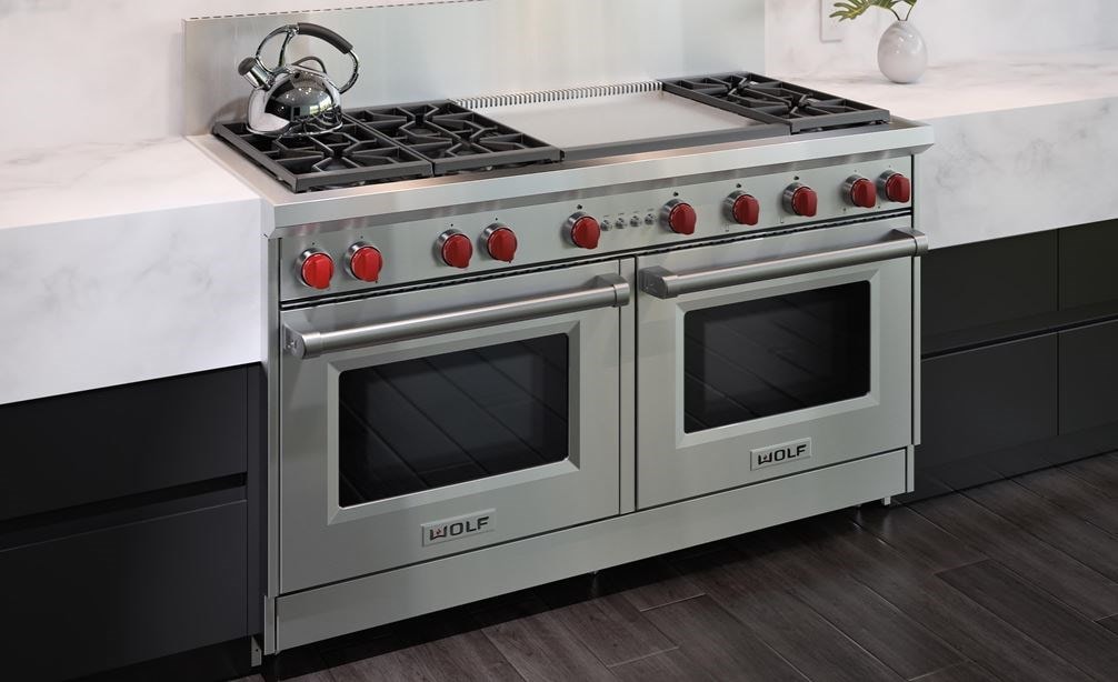 The Wolf 60&quot; Gas Range 6 Burner Infrared Dual Griddle (GR606DG) Rangetop with Wolf 60&quot; Pro Wall Hood - 24&quot; Depth (PW602418)