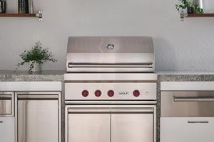 Wolf 36&quot; outdoor grill (OG36) elegantly paired with the Wolf 36&quot; pro ventilation (PW4833180)