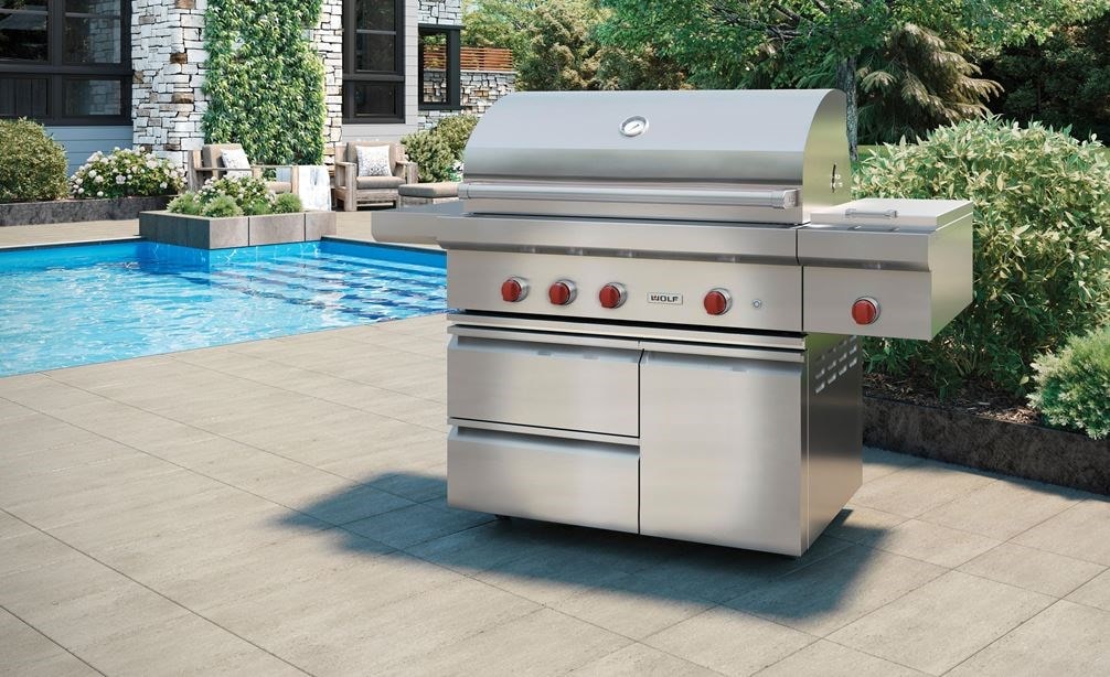 The Wolf 42" Outdoor Gas Grill (OG42) features sculpted double-wall stainless steel for seamless strength and polish to any outdoor space.