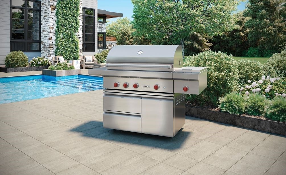 Wolf 42&quot; Outdoor Gas Grill (OG42) featues sculpted double-wall stainless steel for seamless strength and polish to any outdoor space.