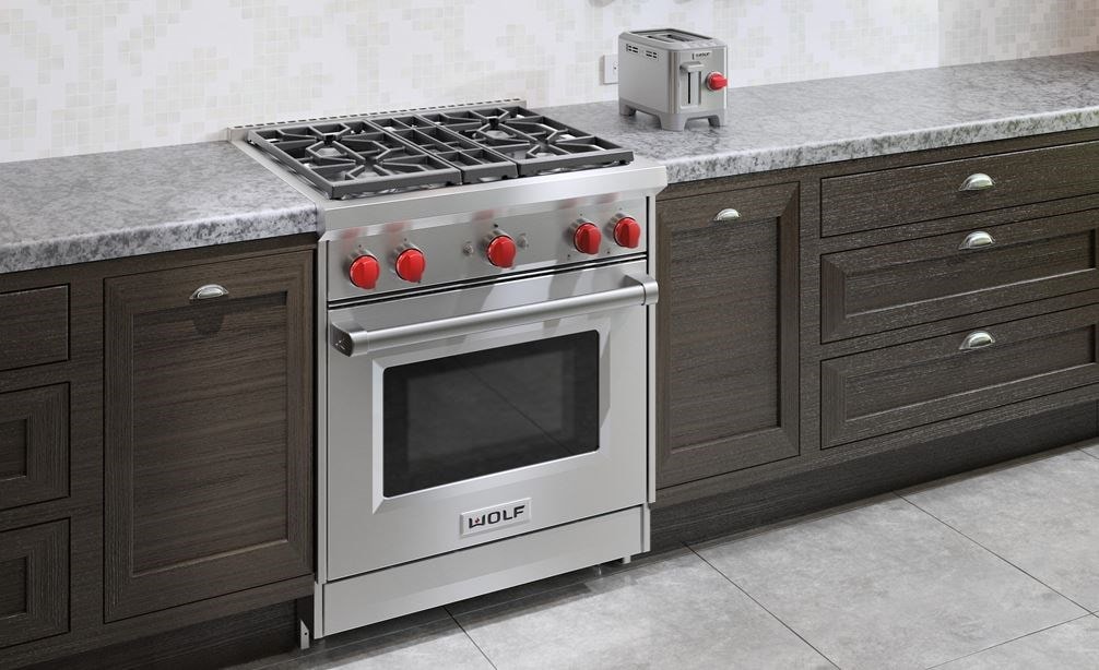 Wolf 30&quot; Gas Range (GR304) Rangetop featuring stainless steel construction and brushed finish offering seamless integration into any kitchen