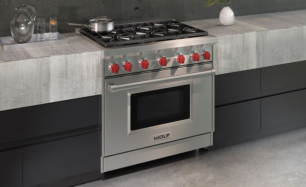 The Wolf 36&quot; Gas Range 6 Burner (GR366) Rangetop shown displaying performance features born of professional kitchens.