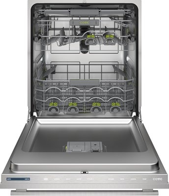 Interior view of 24 inch Panel Ready ADA Height Compatible Dishwasher with Water Softener (DW2451/ADA) by Cove Dishwashers with top and bottom racks fully extended