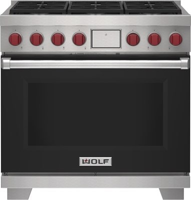 Wolf 36" 6 Burner Dual Fuel Range (DF36650/BK/P) featuring black accent colored door and signature red Wolf knobs.