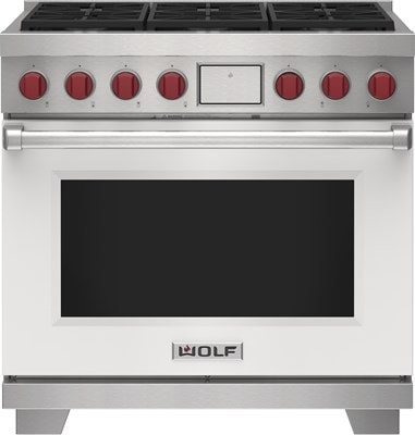 Wolf 36" 6 Burner Dual Fuel Range (DF36650/WH/P) featuring white accent colored door and signature red Wolf knobs.