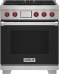 Wolf 30" 4 Burner Dual Fuel Range (DF30450/S/P) featuring black accent colored door and signature red Wolf knobs.