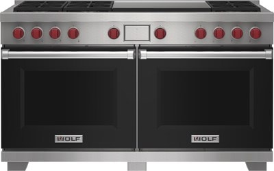 Wolf 60" 6 Burner Dual Fuel Range with Infrared Dual Griddle (DF60650DG/BK/P) featuring black accent colored door and signature red Wolf knobs.
