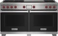 Wolf 60" 6 Burner Dual Fuel Range with French Top (DF60650F/BK/P) featuring black accent colored door and signature red Wolf knobs.