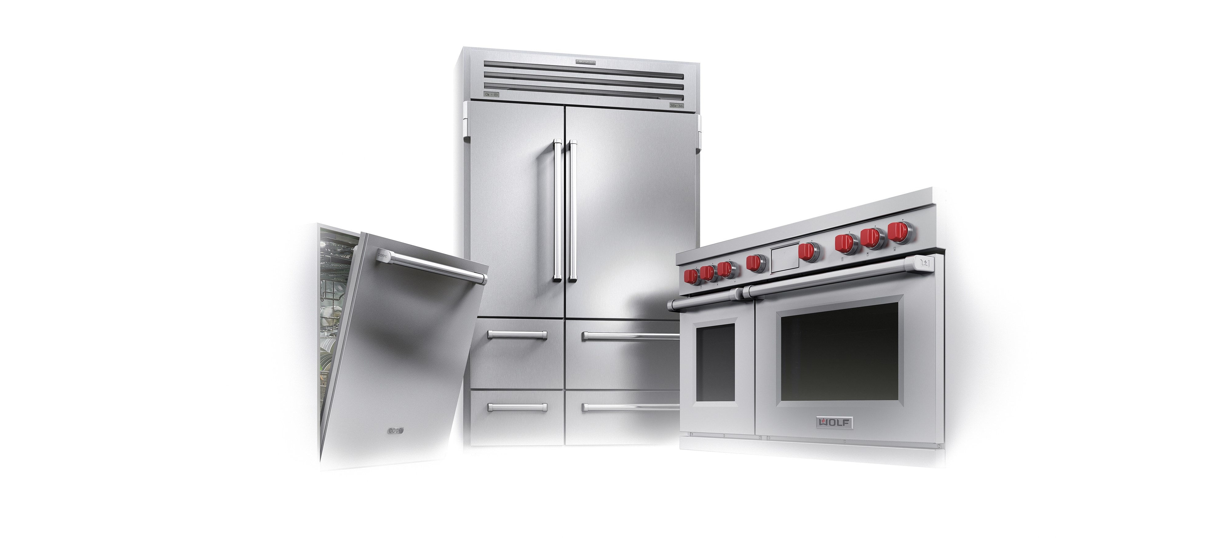 The iconic luxury kitchen appliance package featuring Wolf Dual Fuel Range, Sub-Zero 48" Pro Refrigerator Freezer and Cove 24" Dishwasher. 