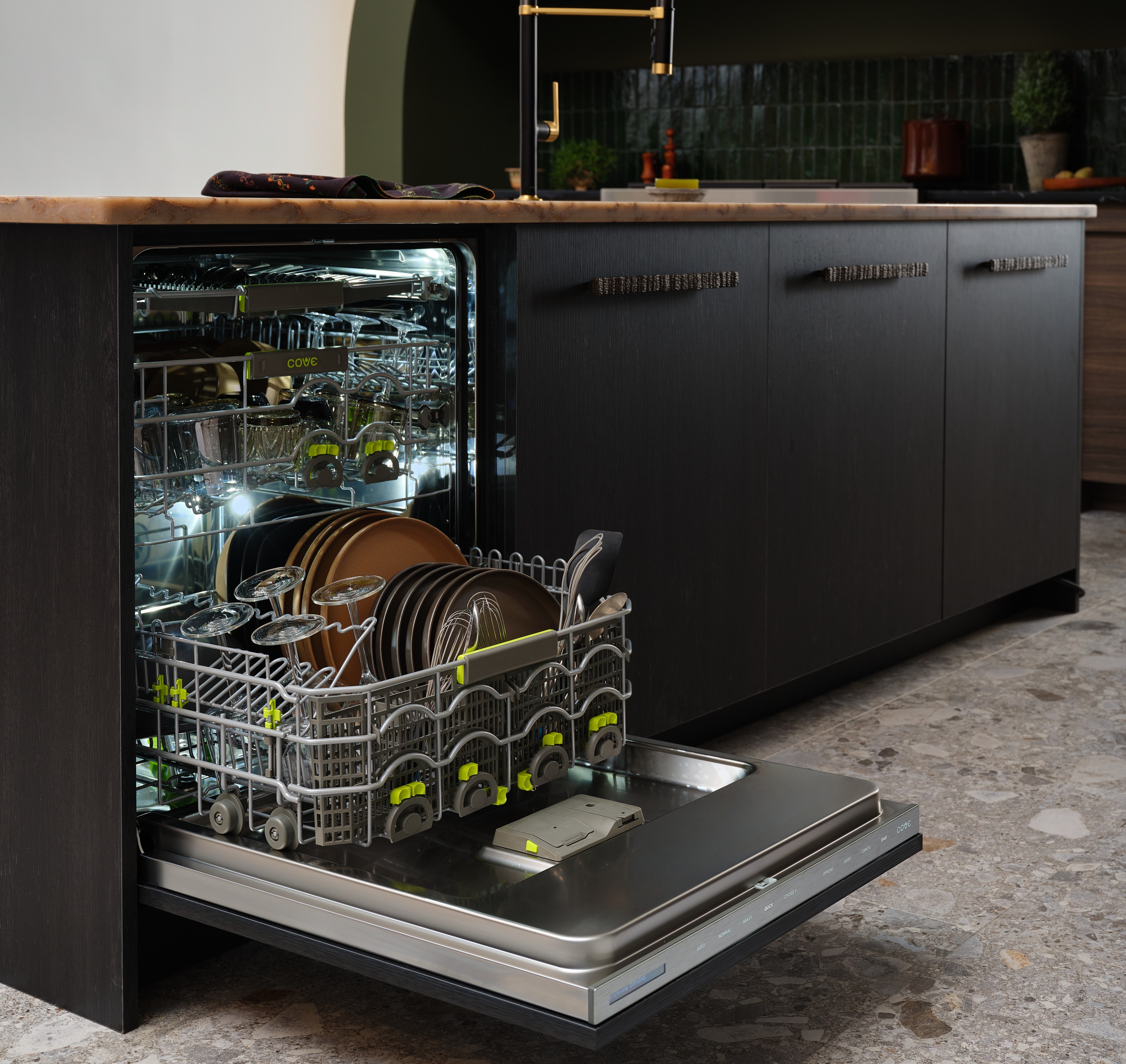 24 inch Panel Ready Built In Dishwasher with Water Softener (DW2451WS) by Cove Dishwashers shown set flush in charcoal kitchen cabinets.