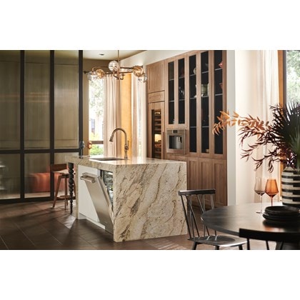 24 inch ADA Height Compatible Panel Ready Dishwasher with Water Softener (DW2451WS/ADA) by Cove Dishwashers shown blending seamlessly in a bold and modern kitchen design.