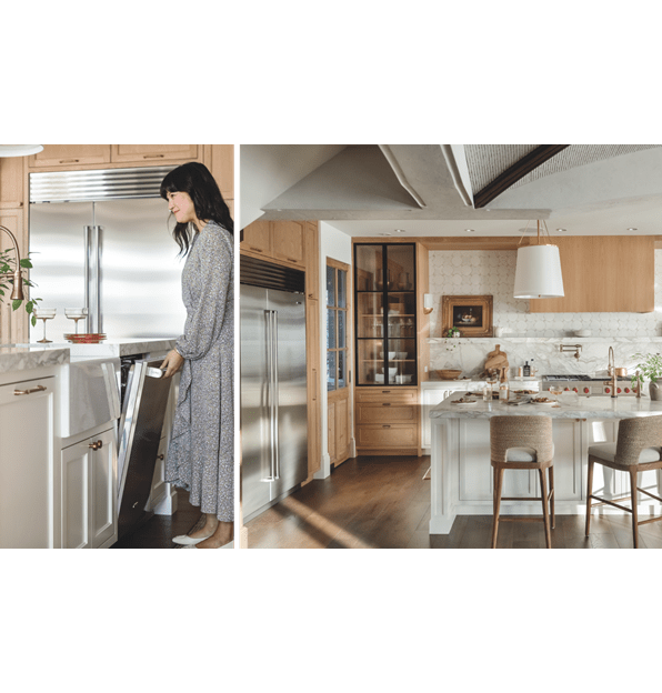 Cove stainless steel dishwasher shown with door open in a contemporary kitchen