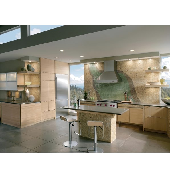 The Wolf 36" Sealed 4 Burner Rangetop and Infrared Griddle (SRT364G) shown in stylish large tile floor open concept kitchen.