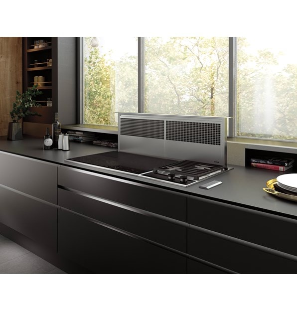 Wolf 45" Downdraft Ventilation (DD45) is the finishing touch for this ultra-modern kitchen design featuring smooth countertop and cabinets