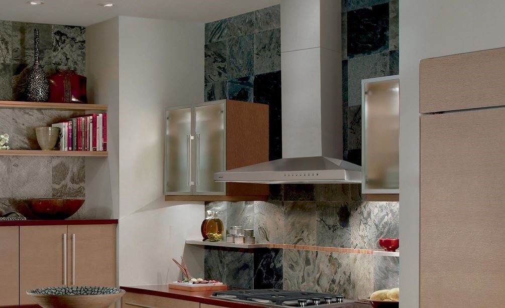 The Wolf 36&quot; Cooktop Wall Hood - Stainless (VW36S) featured with Wolf 30&quot; Transitional Gas Cooktop - 4 Burners (CG304T/S)