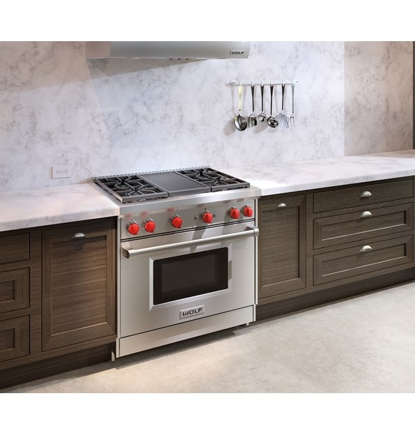 Wolf 30" Gas Range (GR364C) Rangetop features stainless steel construction and classic brushed finish for seamless integration into any kitchen