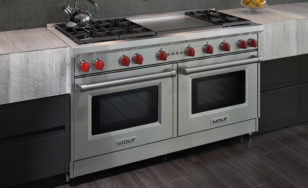 The Wolf 60&quot; Gas Range 6 Burner Infrared Dual Griddle (GR606DG) Rangetop with Wolf 60&quot; Pro Wall Hood - 24&quot; Depth (PW602418)