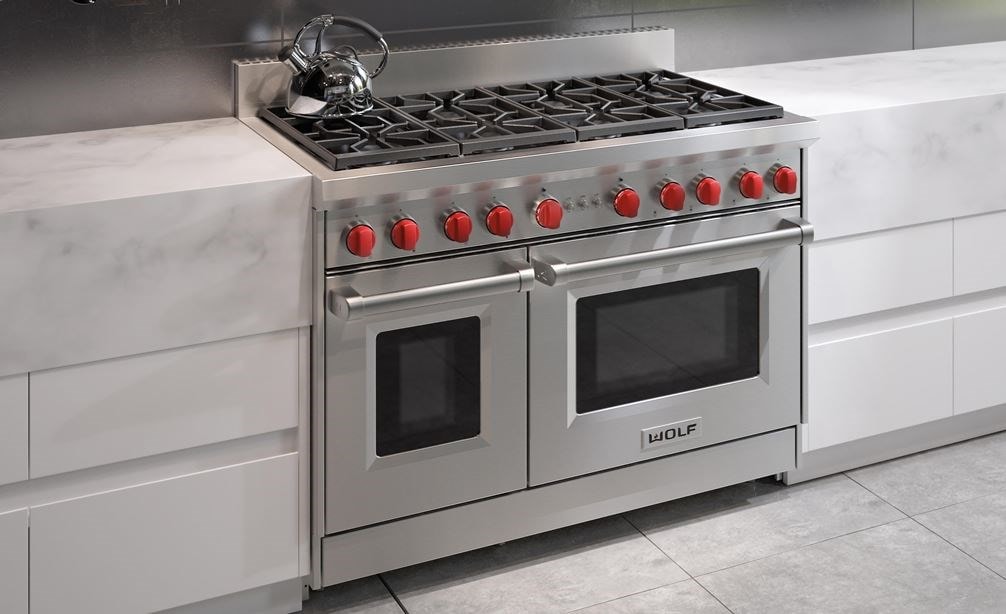 The Wolf 48&quot; Gas Range 8 Burner (GR488) Rangetop with Wolf 48&quot; Pro Wall Hood - 24&quot; Depth (PW482418)