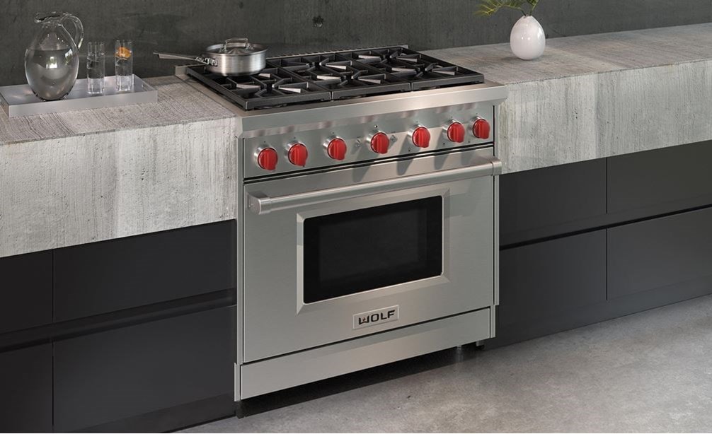 The Wolf 36&quot; Gas Range 6 Burner (GR366) Rangetop shown displaying performance features born of professional kitchens.