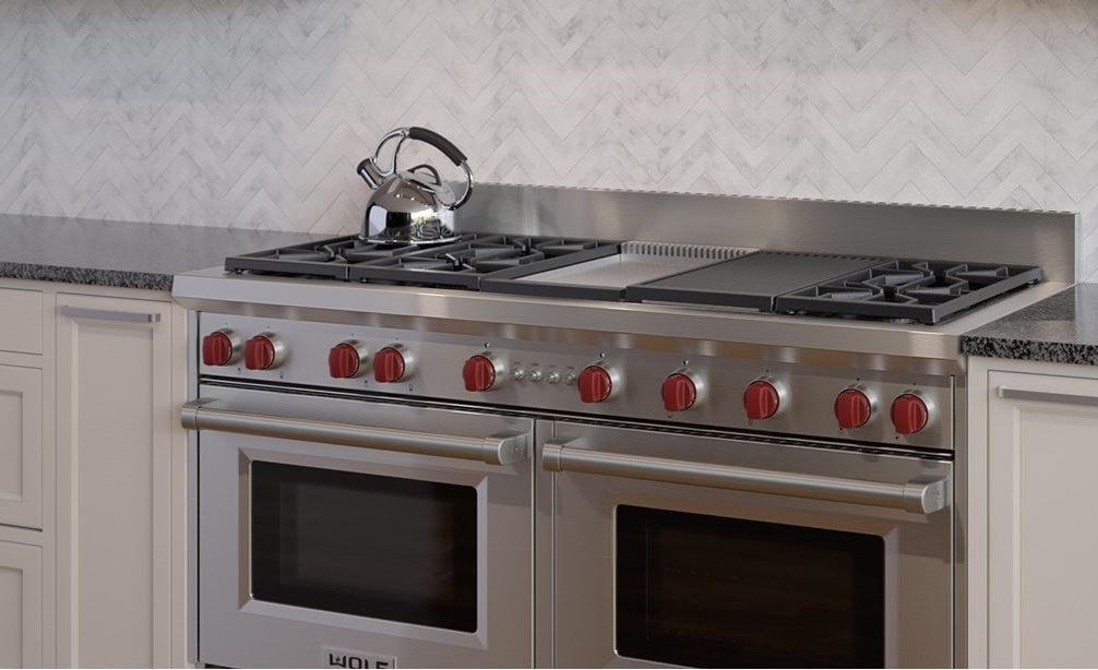The Wolf 60&quot; Gas Range 6 Burner Infrared Charbroiler Griddle (GR606CG) with Wolf 60&quot; Pro Wall Hood - 27&quot; Depth (PW602718)