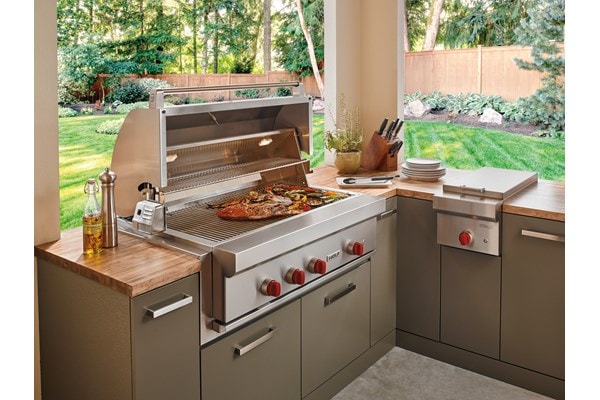 Wolf 13" Built-In Burner Module (BM13) Outdoor Grill Side Burner shown with luxury Wolf 42" Outdoor Gas Grill (OG42)