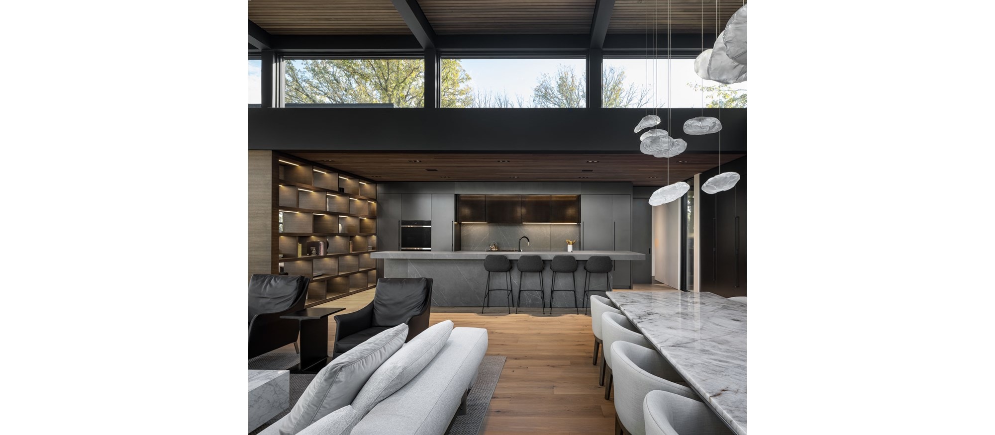 Sub-Zero, Wolf, and Cove KDC Finalist Living Lounge featuring IC-18FI 18" All Freezer Column with Ice Maker, IC-30RID 30" All Refrigerator Column with Internal Dispenser, DO30CM/B 30" Contemporary Double Oven and GR366 36" Range - 6 Burners