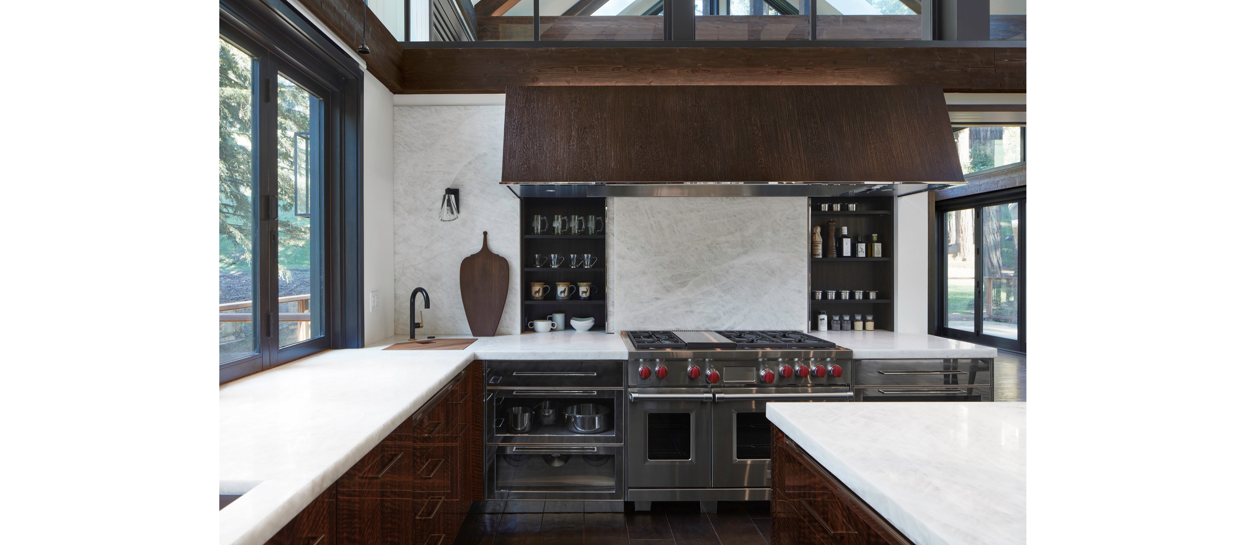 Sub-Zero, Wolf, and Cove 1st Place Transitional Design - KDC 2019-2021 Redwood Retreat featuring DW2450 24" Dishwasher Cove, IC-36RID 36" All Refrigerator Column with Internal Dispenser, ID-24R 24" Refrigerator Drawers, ID-30FI 30" Freezer Drawers with Ice Maker, UW-24 24" Undercounter, MD24TE/S 24" Transitional Drawer Oven, ICBSPO30PM/S/PH 30" M Series Professional Speed Oven and CI152TF/S 15" Cooktop