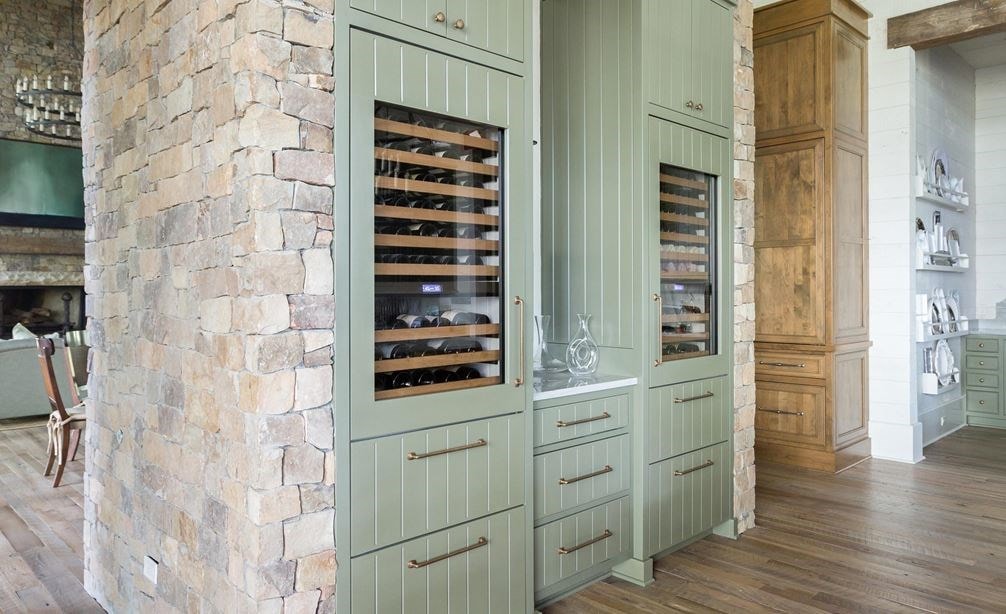 Sub-Zero 30" Designer Wine Storage with Refrigerator Drawers in Bayfront Rustic Hideaway by Erika Powell.